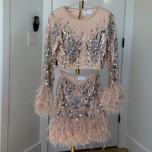 ASOS Luxe Sequin & Feather Skirt Set in Blush (Size 2/XS)